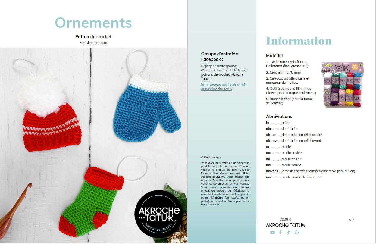 Patron au crochet - Ornements de Noël (tuque, bas et mitaine)