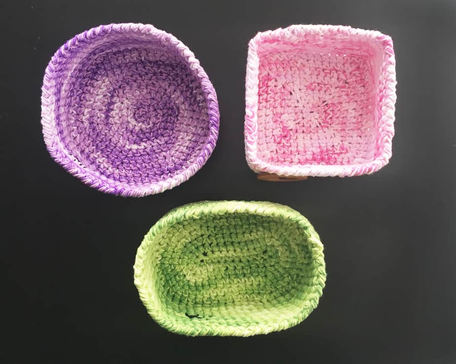 Basket trio (round, square, oval) — Crochet pattern